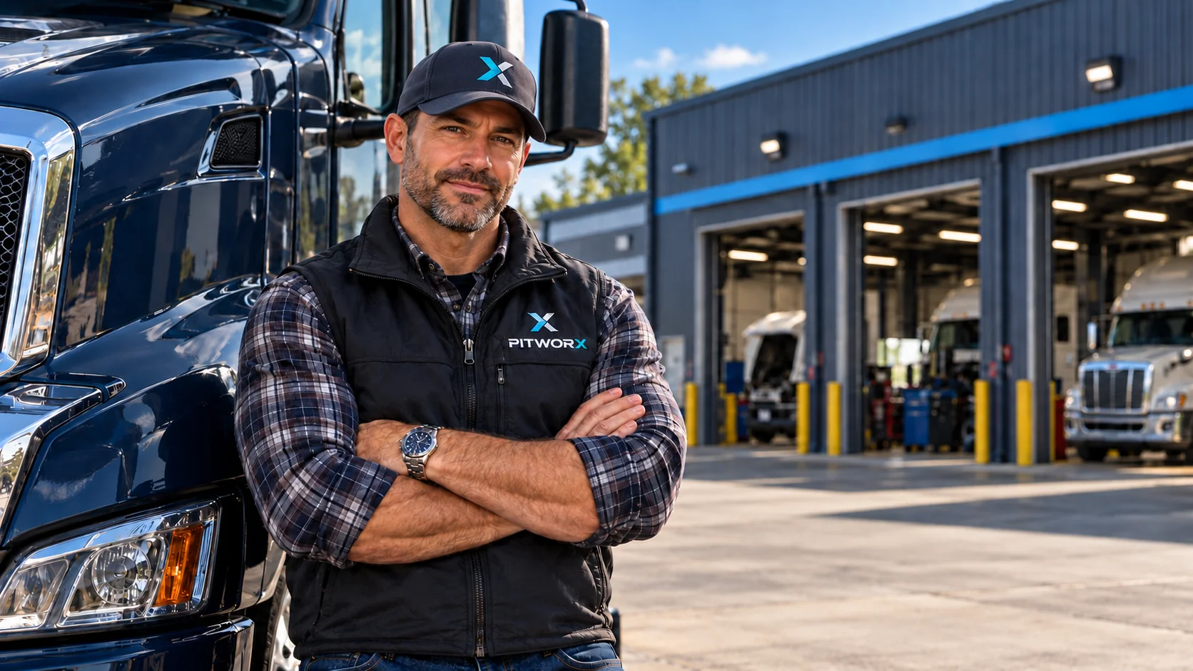 A PitWorX team member standing with arms crossed beside a truck in front of a shop