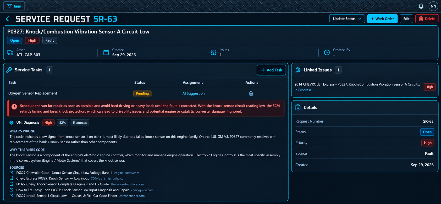A PitWorX service request opened by the AI Pit Crew for a knock sensor fault, showing the recommended action, a plain-language diagnosis, the reason for the repair code, and cited sources