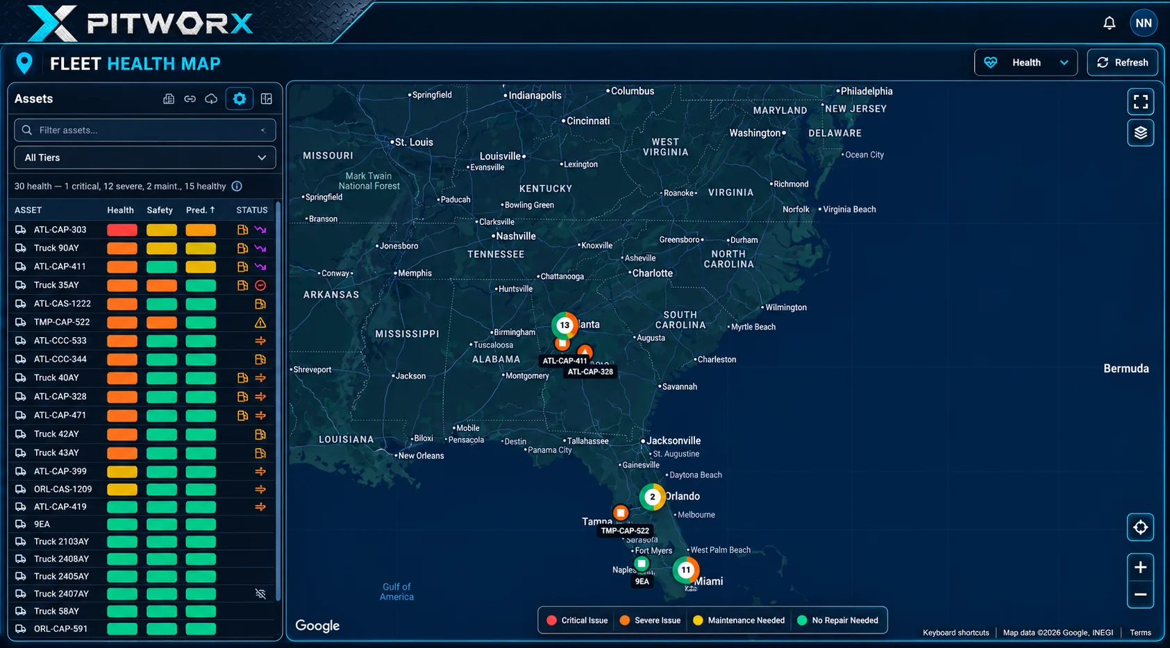 PitWorX health map showing every asset with health, safety, and predictive indicators, color-coded by condition
